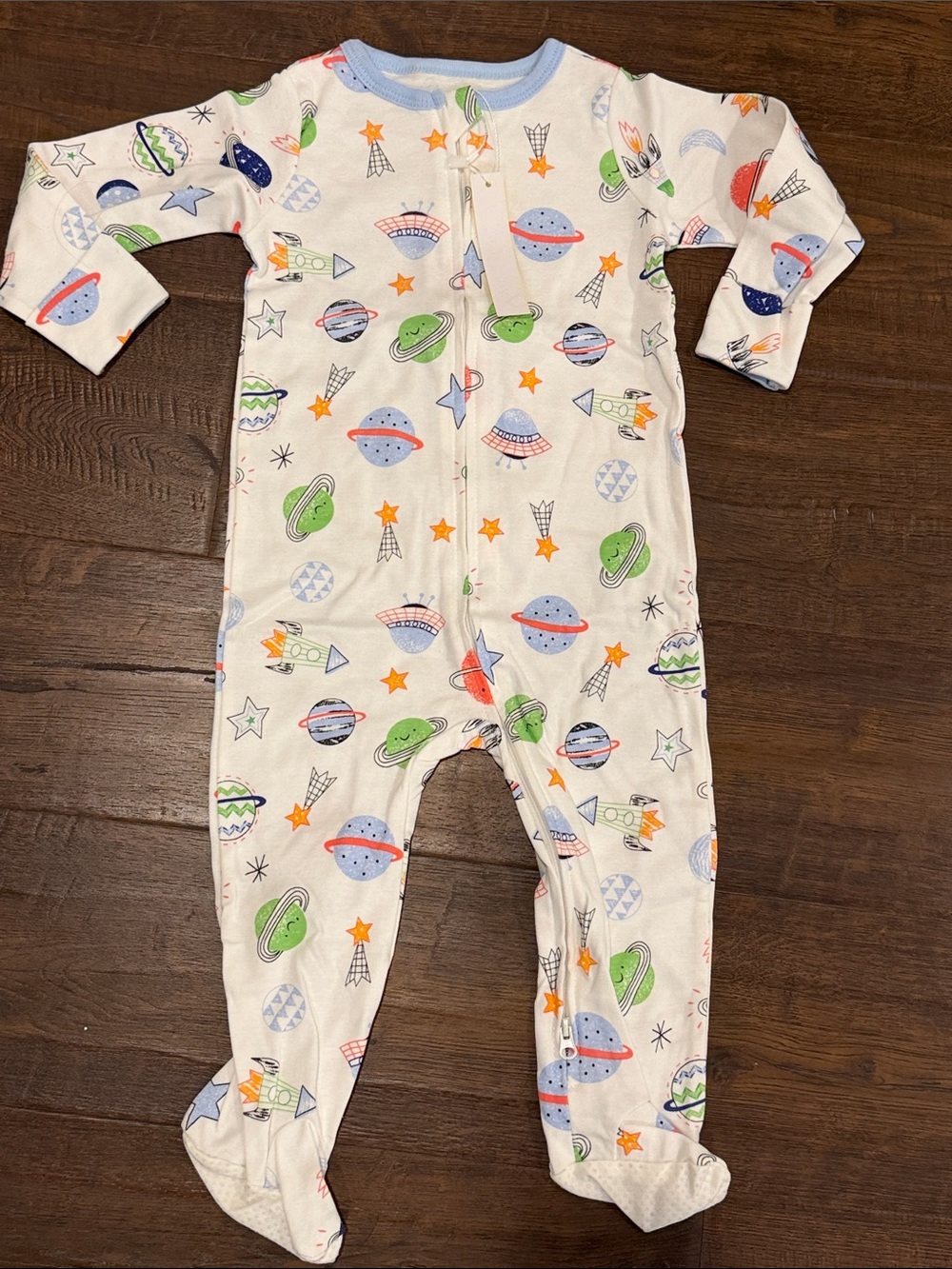 Baby Footed One-Piece Pajamas with Space Print - White/Multi